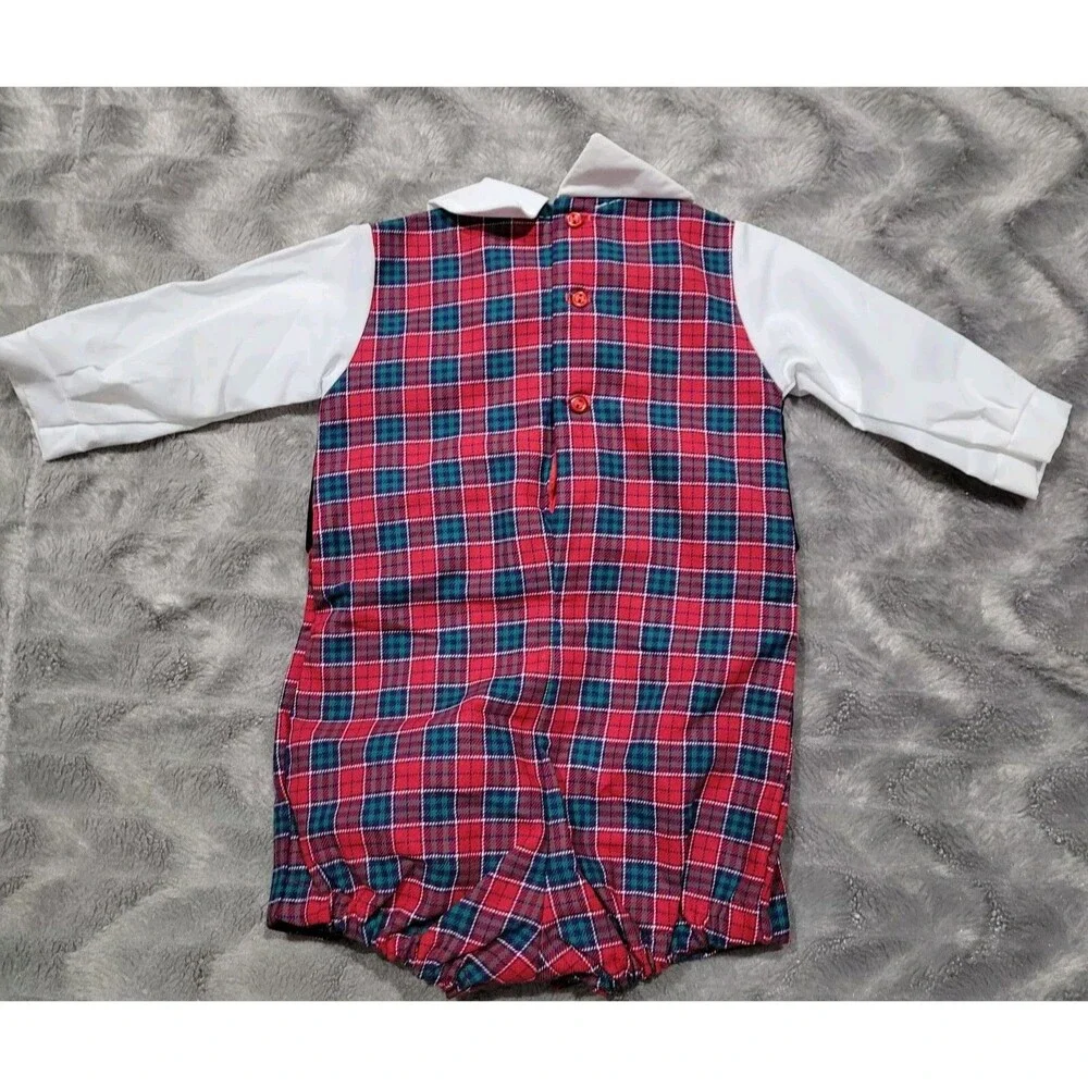 Alexis Baby Vtg USA 6 Months Boy Red Plaid Bowtie Formal Party Romper Outfit